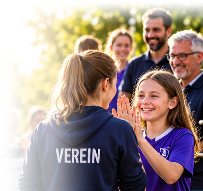 Menschen aus einem Verein freuen sich zusammen, ein Mädchen klatscht eine Trainerin ab