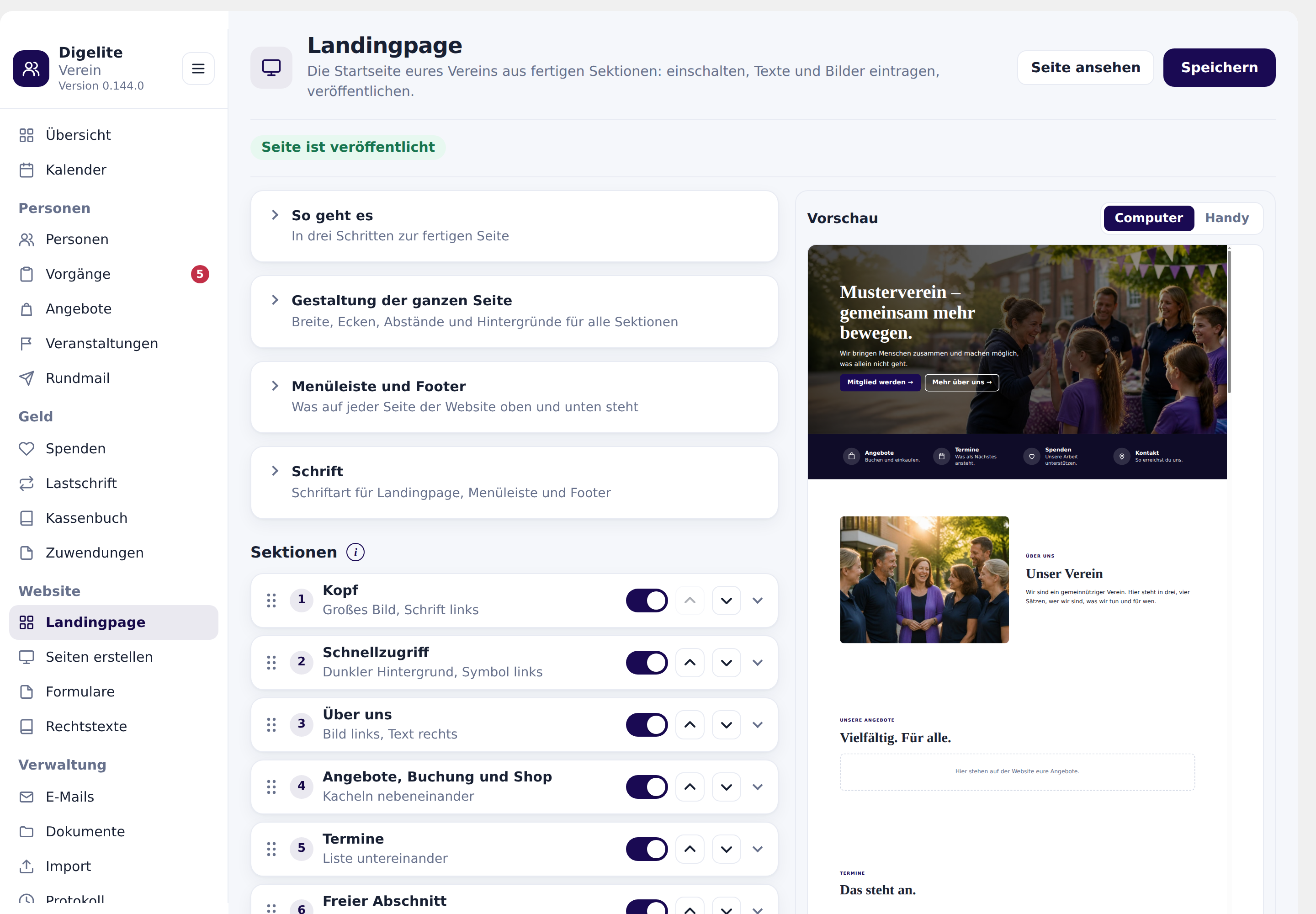 Die Seite Landingpage im Backend: links die Liste der Sektionen mit Schaltern und Pfeilen, rechts die Vorschau der Startseite – Bildschirmfoto in voller Größe öffnen