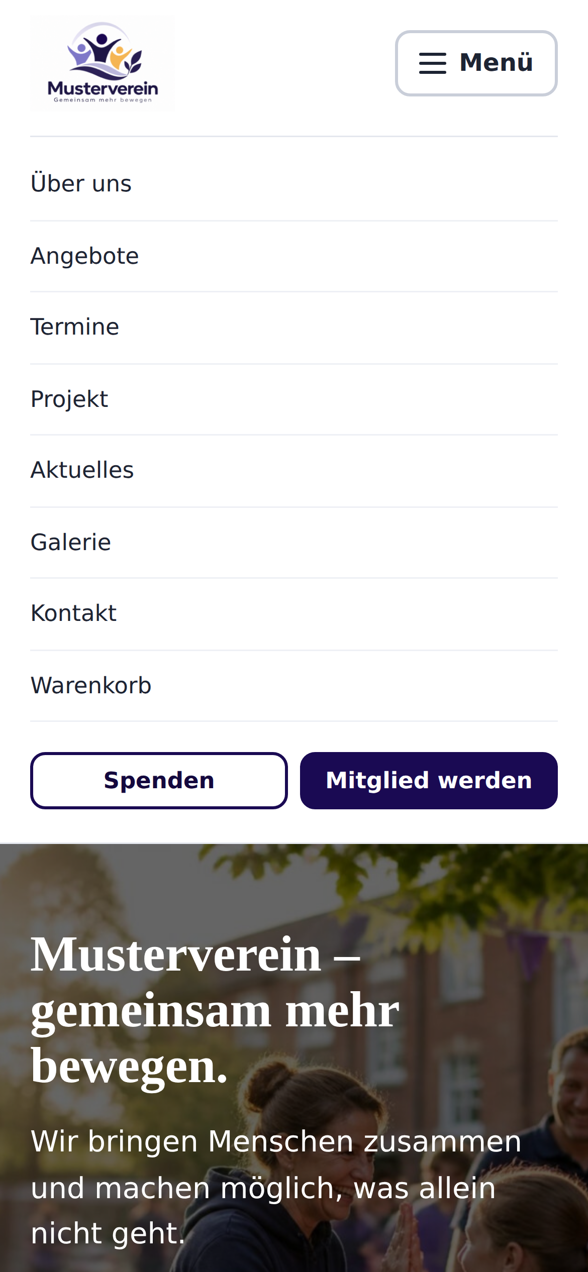 Dieselbe Startseite auf dem Handy mit aufgeklapptem Menü – Bildschirmfoto in voller Größe öffnen