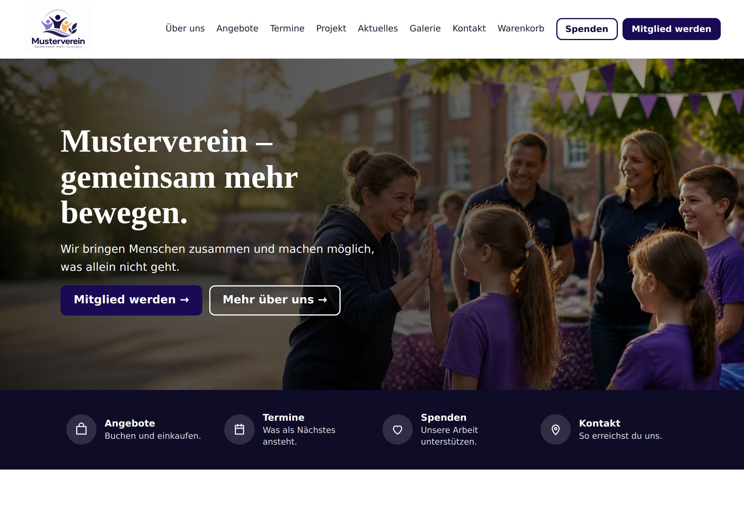 Die Startseite des Mustervereins: Menüleiste mit Logo und den Knöpfen Spenden und Mitglied werden, großes Titelbild mit Überschrift und zwei Knöpfen, darunter der Schnellzugriff zu Angeboten, Terminen, Spenden und Kontakt – Bildschirmfoto in voller Größe öffnen