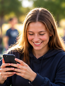 Eine junge Frau lächelt auf ihr Handy