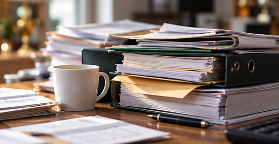 Aktenordner, lose Blätter und eine Kaffeetasse auf einem Tisch