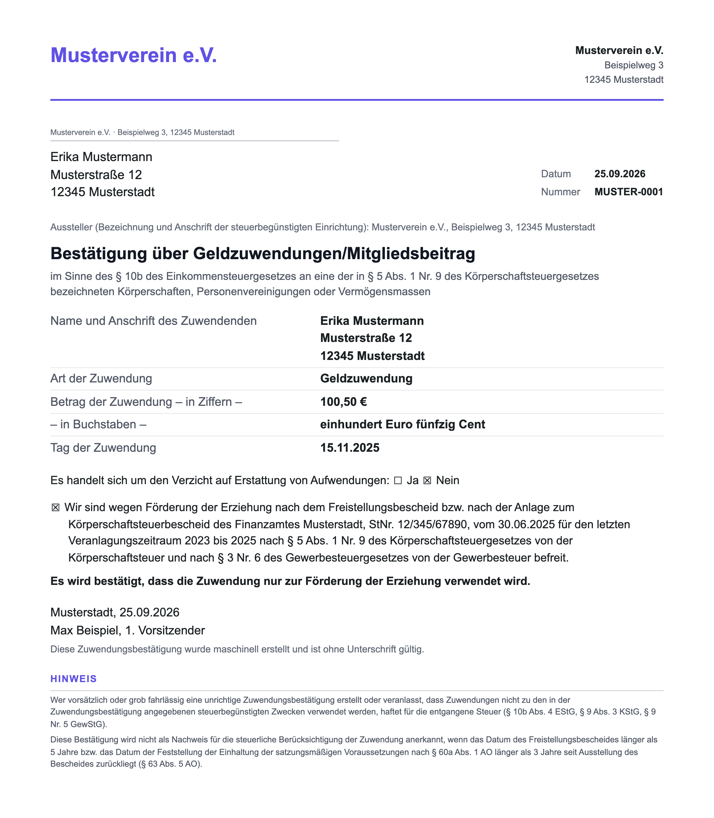 Muster einer Zuwendungsbestätigung als PDF auf dem Briefpapier des Vereins – Bildschirmfoto in voller Größe öffnen