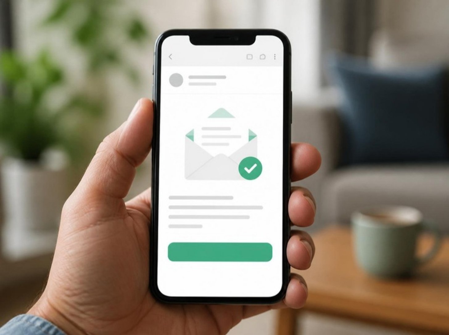 Eine Hand hält ein Handy, auf dem eine Bestätigungsmail geöffnet ist