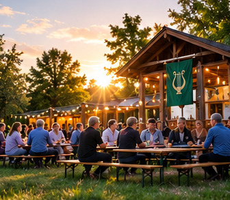Ein Vereinsfest am Abend mit Bierbänken