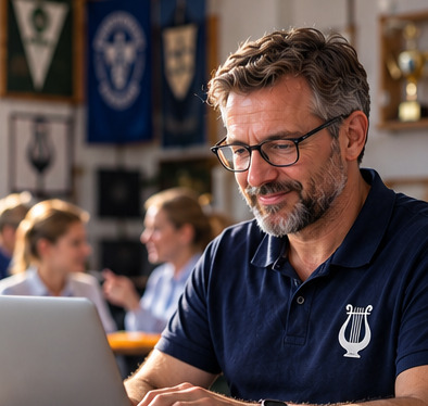 Ein Kassenwart arbeitet entspannt am Laptop